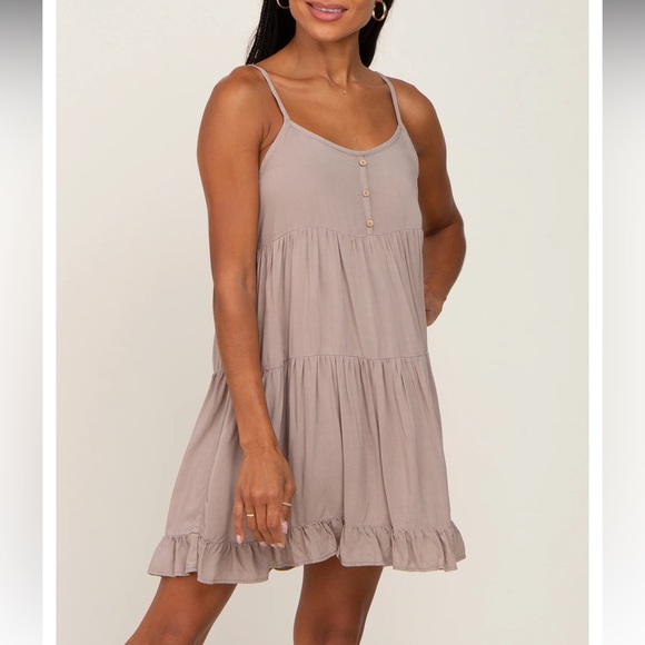 New! PINKBLUSH Mocha Button Accent Tiered Maternity Mini Dress - Picture 5 of 5